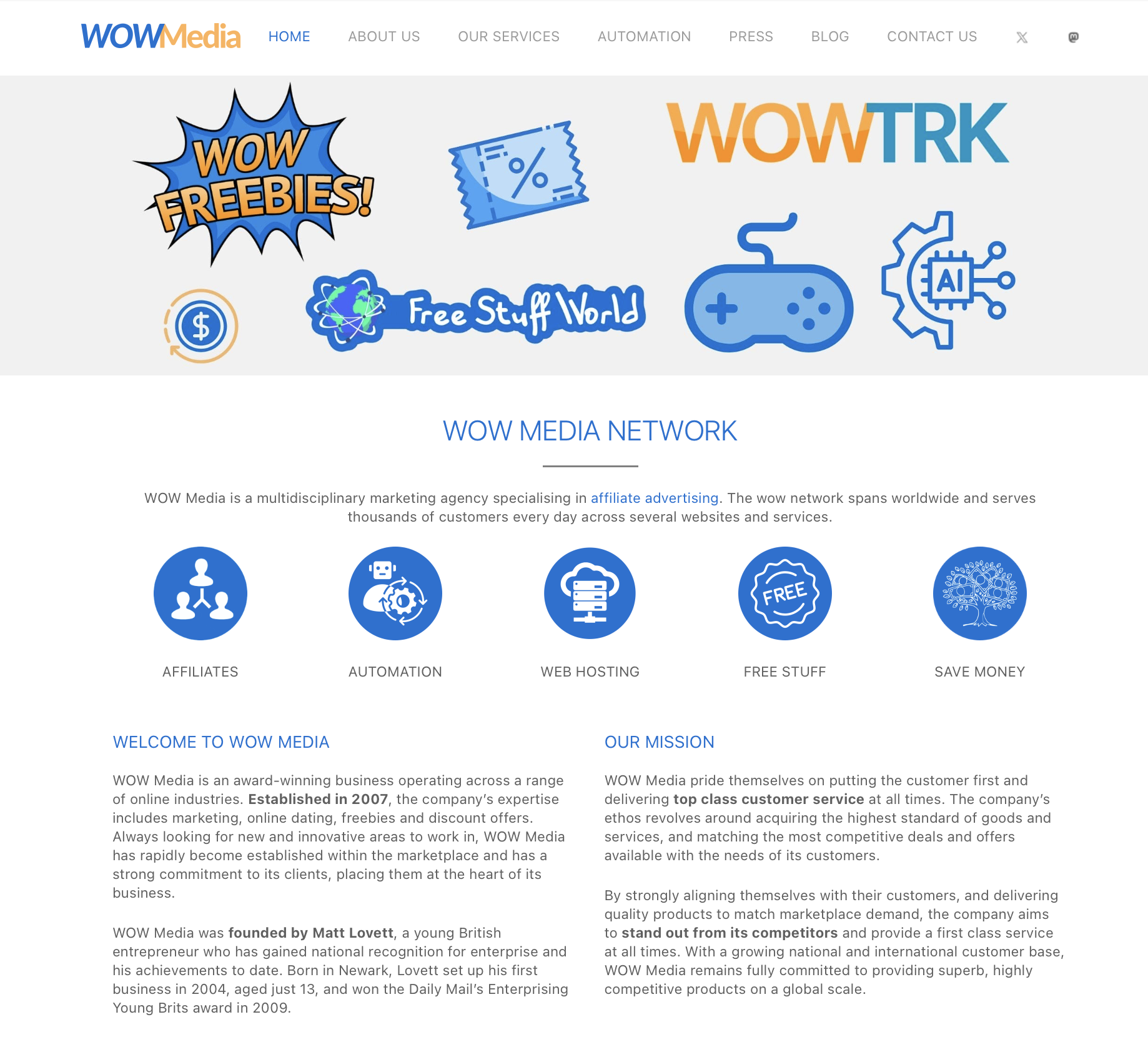 Screenshot of the WOW Media site before the refresh